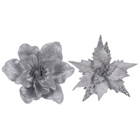 Silver Poinsettia Velour Flowers with clips