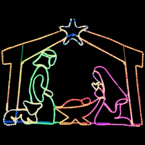 Large Nativity with Stable and Star Rope Light Motif