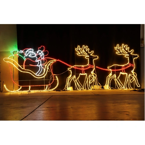 Large Sleigh Santa Waving 2 Reindeer Rope Light Motif - PREORDER