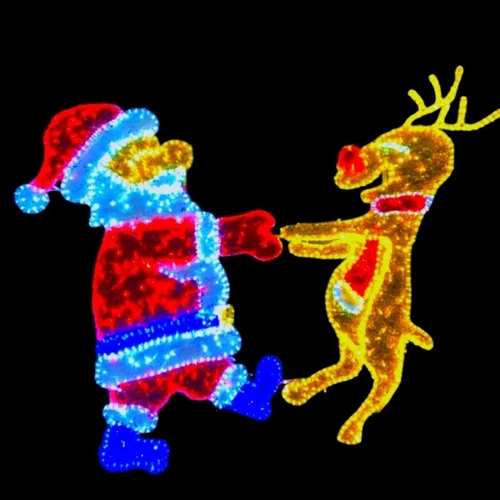 Large LED Santa Dancing with Rudolph Rope Light Motif