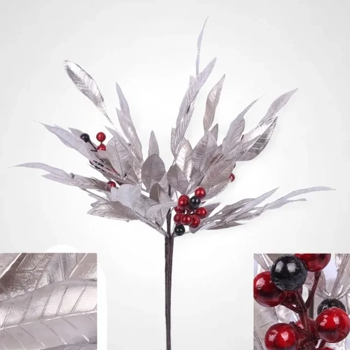 Pewter Leaf Stem with Red Berries