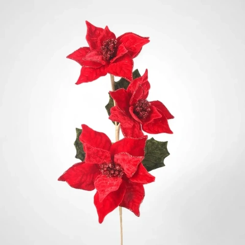 3 Poinsettia Red Velour Stem 62cm