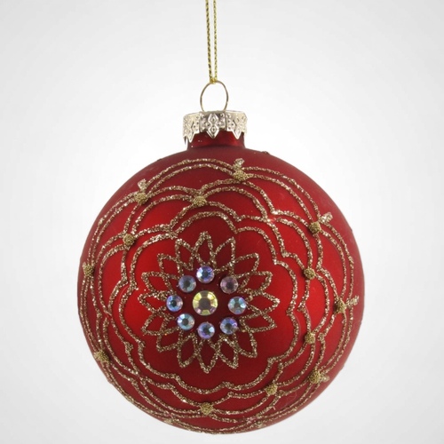 8cm Red & Gold Glass Baubles with Diamantés 