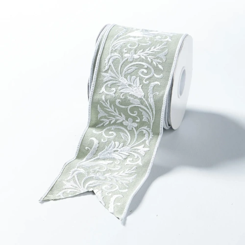 Mint Dupion Ribbon w/ White Leaf Embroidery