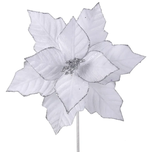 White Velour Poinsettia w/ Silver Trim 28cm