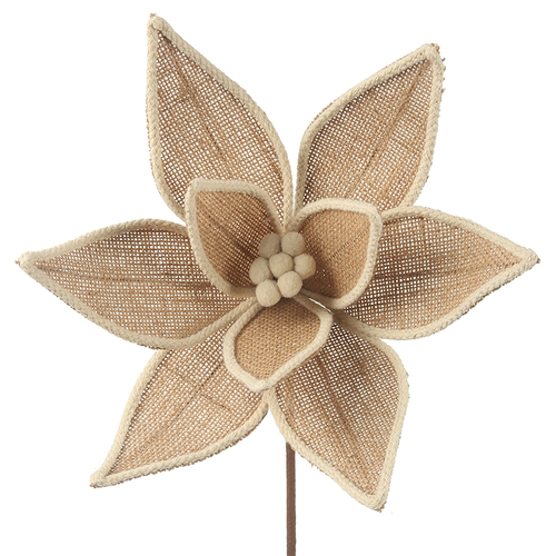 Burlap Poinsettia w/Ivory Trim Stem