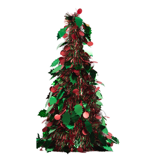 48cm Red Tinsel Tree W/Green Holly