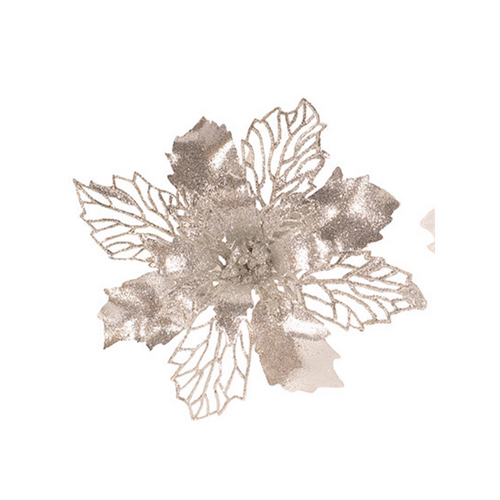 15cm Silver Glitter Poinsettia Flower with Clip