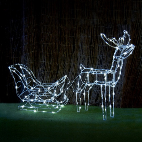 White Solar Sleigh With Reindeer - PREORDER