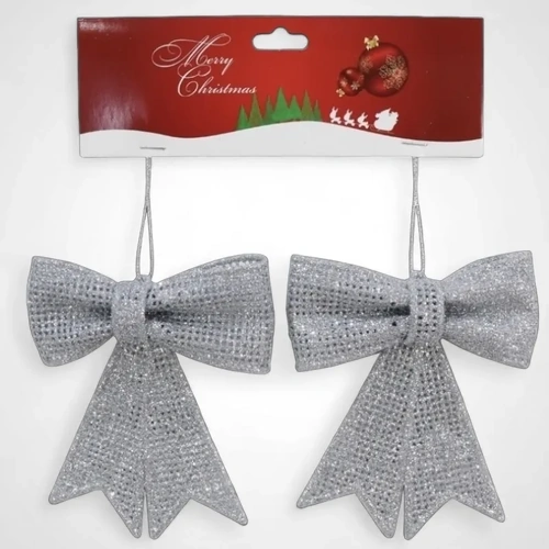 Silver Hanging Glitter Mesh Bow 2pk