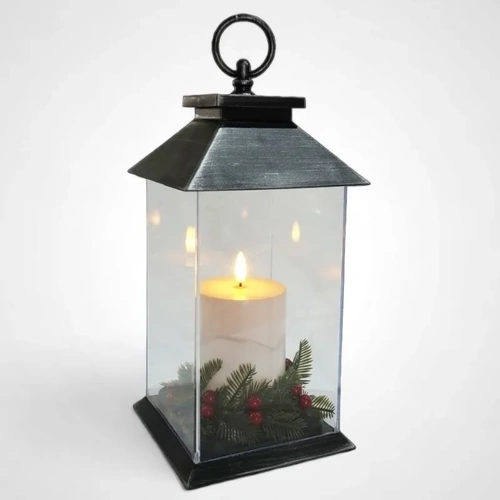 LED Pillar Candle Lantern w/Berries(C)