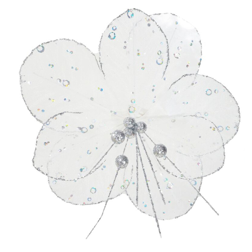 Silver Peony Organza Sequins Clip