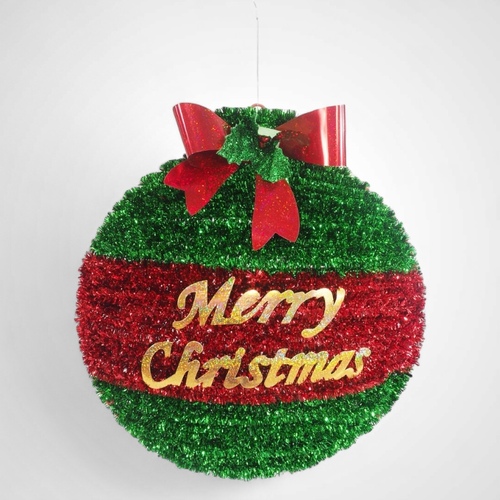 Tinsel Bauble Plaque with Bow Red/Green 