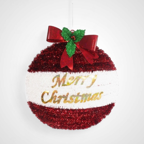 Tinsel Bauble Plaque with Bow Red/White 